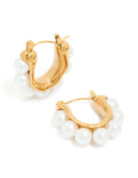 Waterproof Gold Plated Stainless Steel Pearl Puffy Hoop Earrings - link has visual effect only