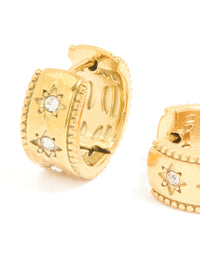 Waterproof Gold Plated Stainless Steel Cubic Zirconia Celestial Etched Hoop Earrings - link has visual effect only