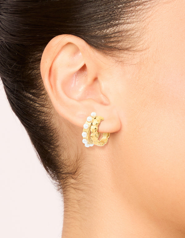 Waterproof Gold Plated Stainless Steel Pearl & Disc Hoop Earrings