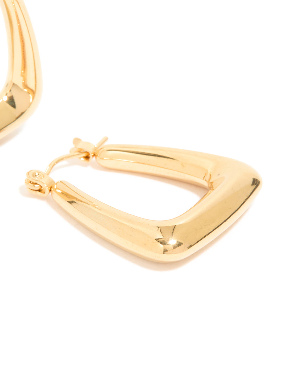 Showcasing waterproof gold plated stainless steel trapeze hoop earrings post detail view