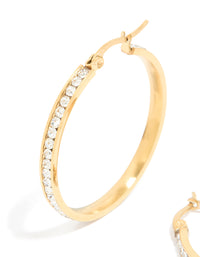 Waterproof Gold Plated Stainless Steel Diamante Hoop Earrings 35 MM - link has visual effect only