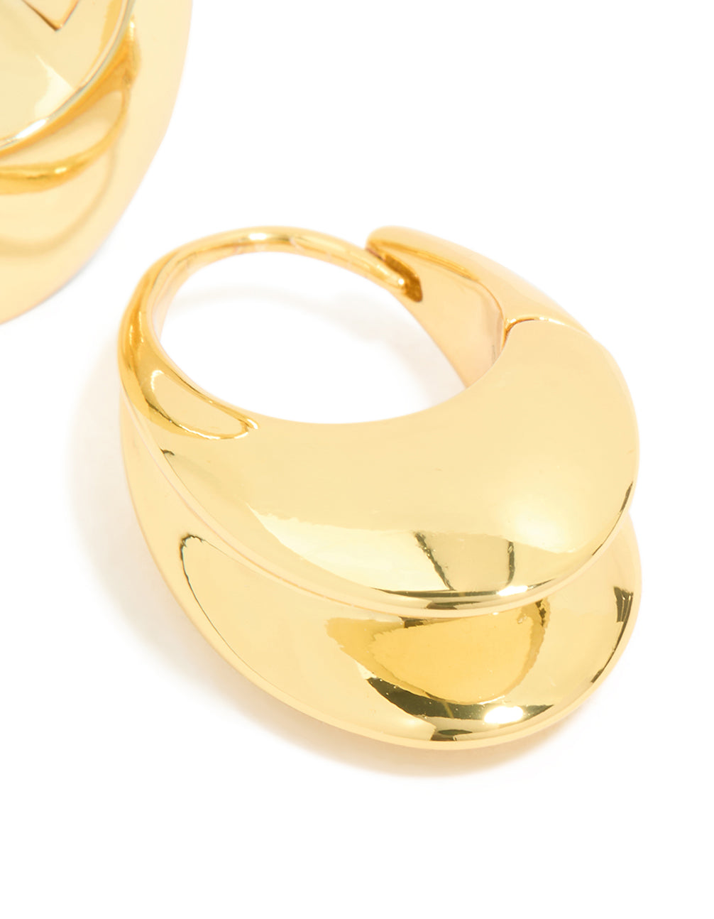 Designed with waterproof gold plated stainless steel oval concave hoop earrings highlighting polished finish post detail view