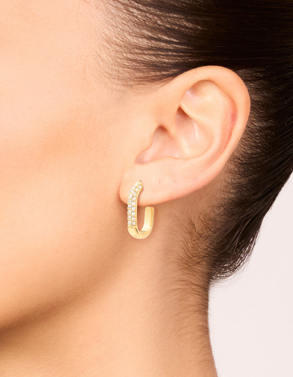 Waterproof Gold Plated Stainless Steel Diamante Half Oval Hoop Earrings