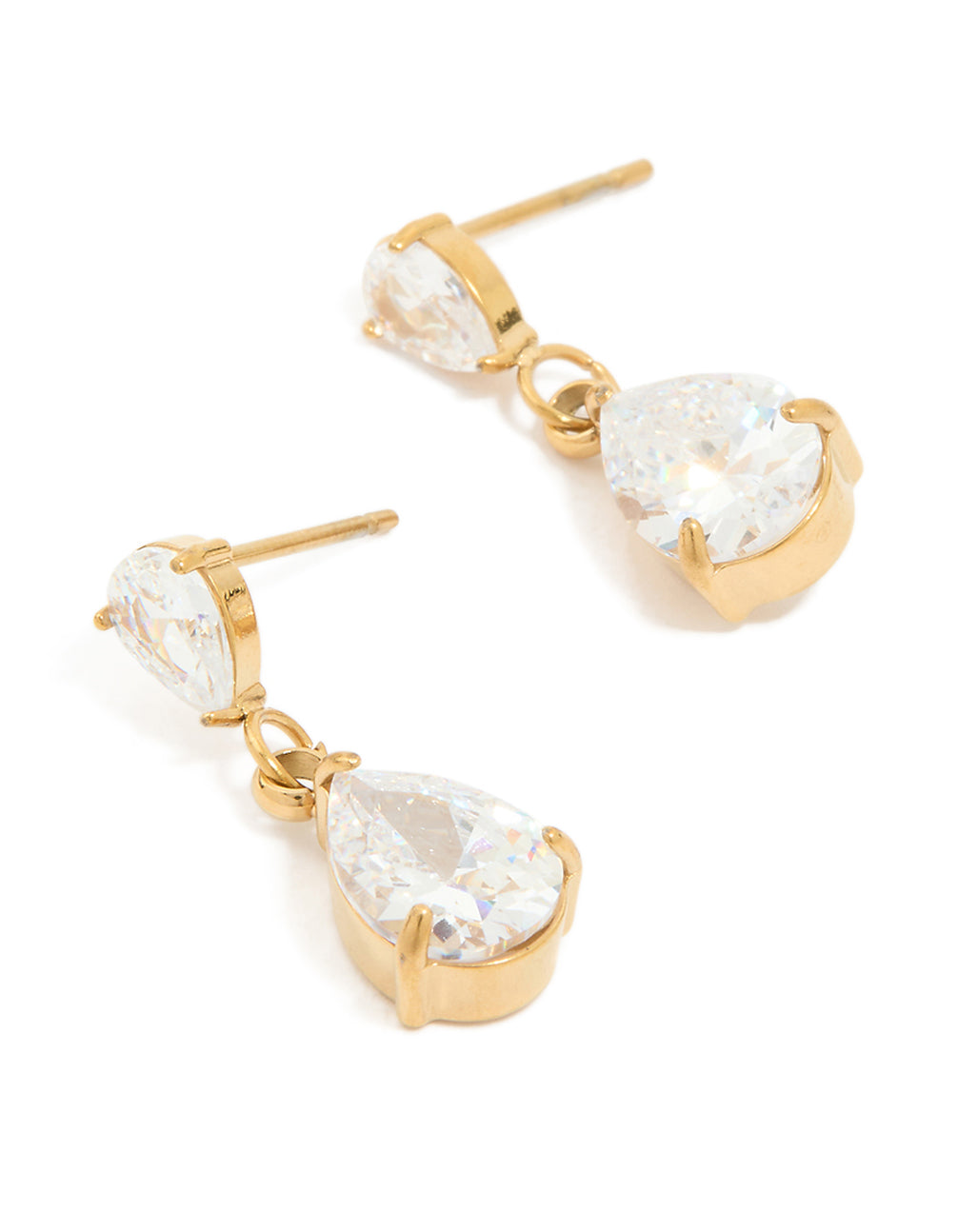 Crafted from waterproof gold plated stainless steel, these cubic zirconia dainty drop earrings feature a front view
