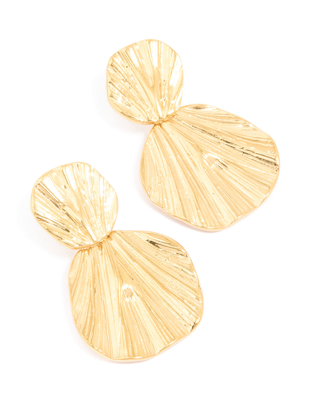 Stunning waterproof gold plated stainless steel double textured drop earrings in statement style front view