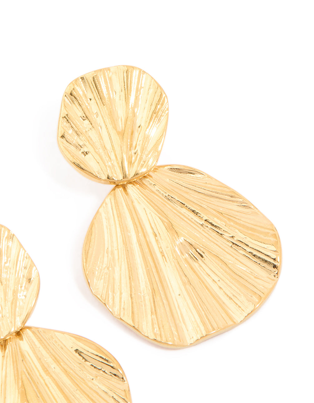 Sophisticated waterproof gold plated stainless steel double textured drop earrings in statement finish post detail view