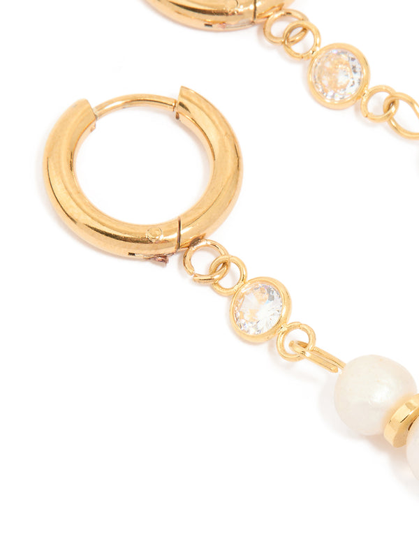 Waterproof Gold Plated Stainless Steel Diamante & Pearl Chain Huggie Earrings