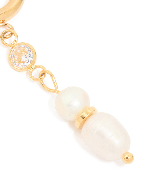 Waterproof Gold Plated Stainless Steel Diamante & Pearl Chain Huggie Earrings