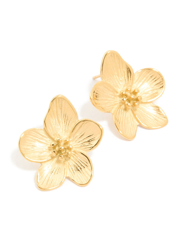 Waterproof Gold Plated Stainless Steel Textured Flower Earrings