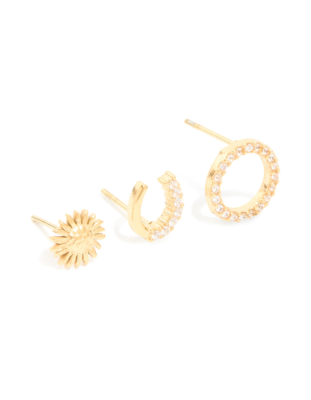 Showcasing waterproof stainless steel mixed motif stud earrings in gold plated finish with celestial sun, ball and ocean designed as a 3-pack close up view