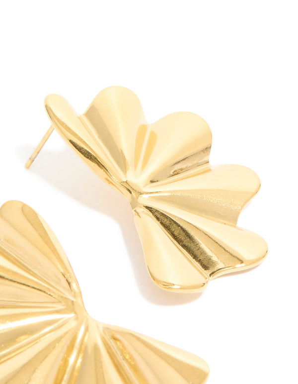 Waterproof Gold Plated Stainless Steel Wavy Fan Flower Stud Earrings