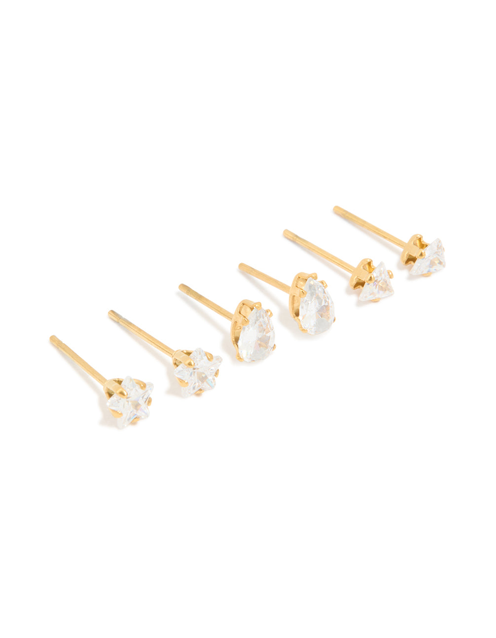 Featuring waterproof stainless steel mixed cut cubic zirconia stud earrings in a 3-pack front view