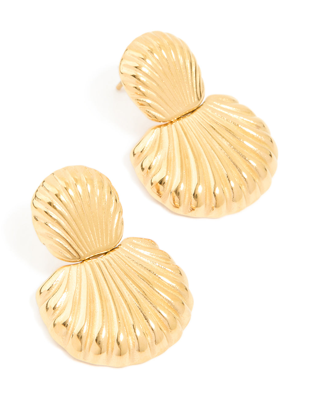 Showcasing waterproof gold plated stainless steel double shell stud drop earrings with ocean-inspired design front view