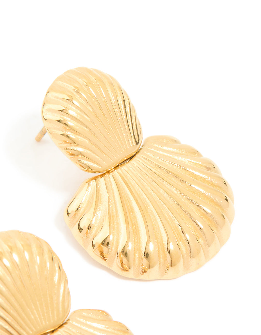 Highlighting waterproof gold plated stainless steel double shell drop earrings with ocean inspired design and stud closure post detail view