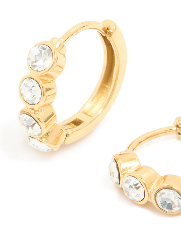 Waterproof Gold Plated Stainless Steel Cubic Zirconia Bezel Huggie Earrings