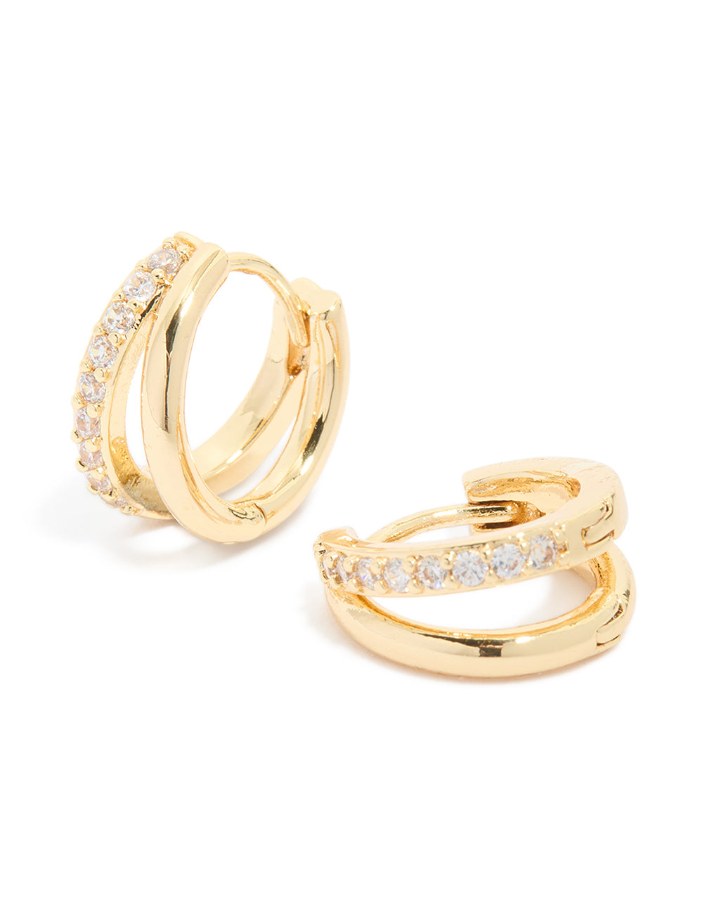 Highlighting waterproof gold plated stainless steel cubic zirconia double row huggie earrings in gold front view