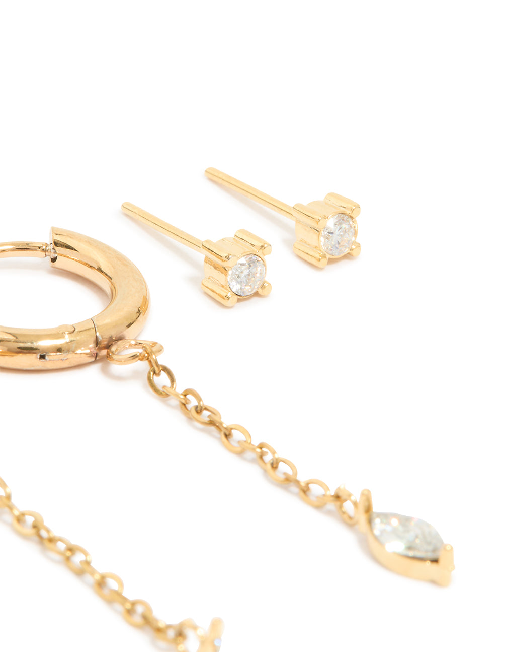 Showcasing waterproof gold plated stainless steel cubic zirconia chain and studs ear stacking pack earrings post detail view