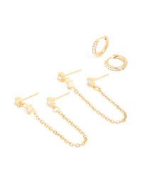 Waterproof Gold Plated Stainless Steel Cubic Zirconia Huggie & Chain Ear Stacking Pack - link has visual effect only