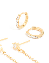 Waterproof Gold Plated Stainless Steel Cubic Zirconia Huggie & Chain Ear Stacking Pack - link has visual effect only
