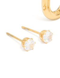 Waterproof Gold Plated Stainless Steel Rectangle Hoop Earrings & Cubic Zirconia Studs 2-Pack - link has visual effect only