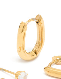 Waterproof Gold Plated Stainless Steel Rectangle Hoop Earrings & Cubic Zirconia Studs 2-Pack - link has visual effect only