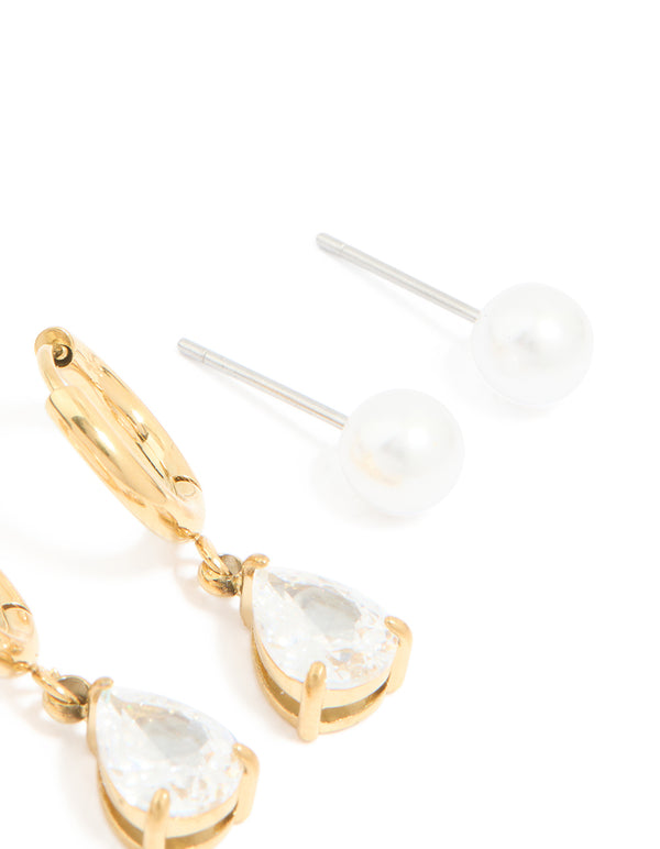Waterproof Gold Plated Stainless Steel Cubic Zirconia & Pearl Ear Stacking Pack