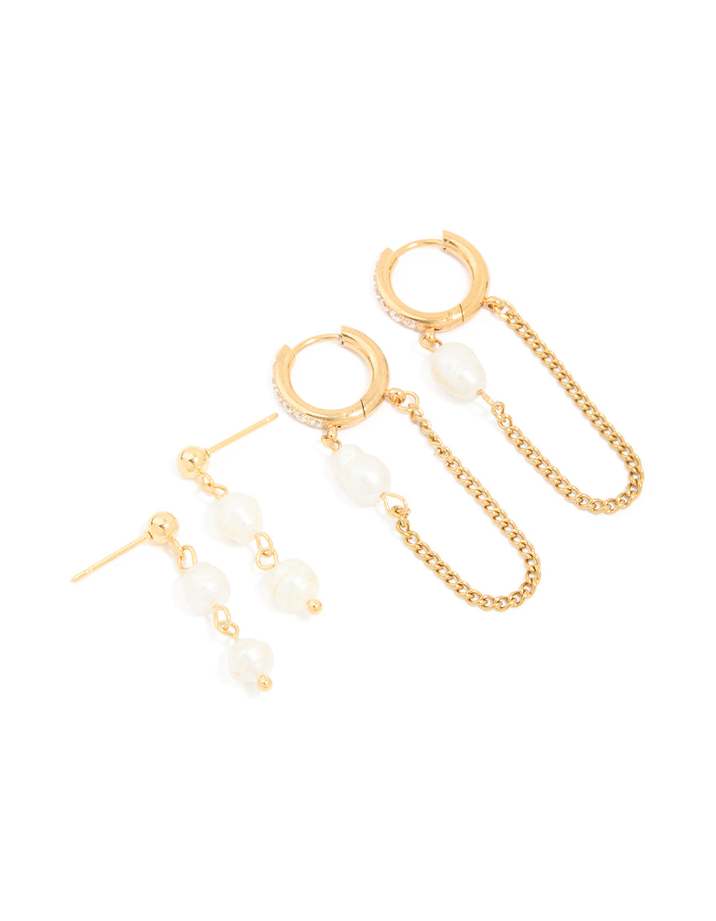 Showcasing waterproof gold plated stainless steel pearl drop and chain earrings 2-pack and cubic zirconia front view