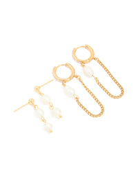 Waterproof Gold Plated Stainless Steel Pearl Drop & Chain Earrings 2-Pack - link has visual effect only