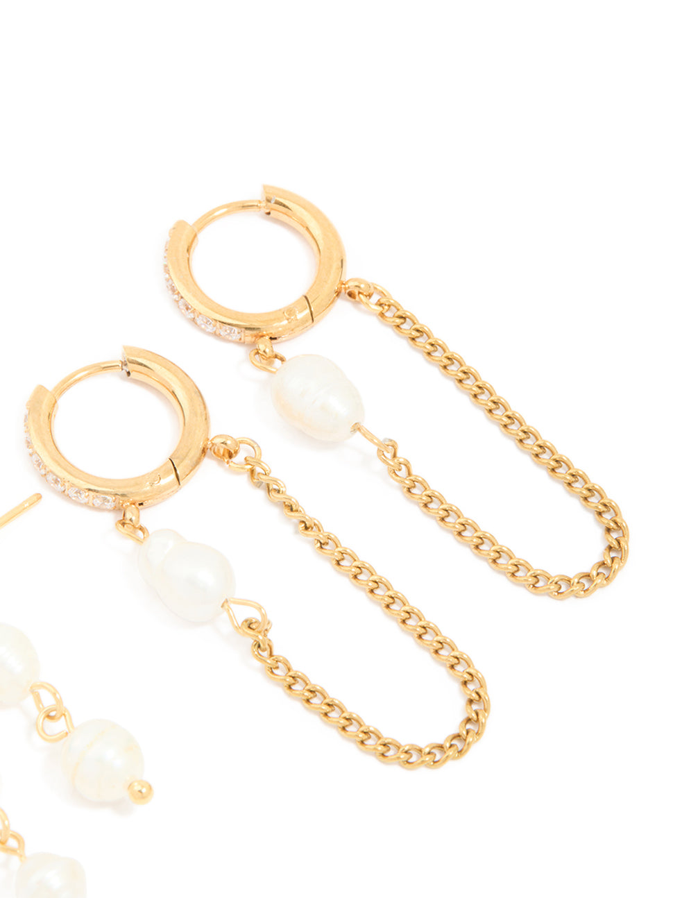 Highlighting waterproof gold plated stainless steel pearl drop and chain earrings 2-pack and cubic zirconia post detail view