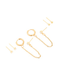 Waterproof Gold Plated Stainless Steel Diamante Stud & Chain Earrings 3-Pack - link has visual effect only