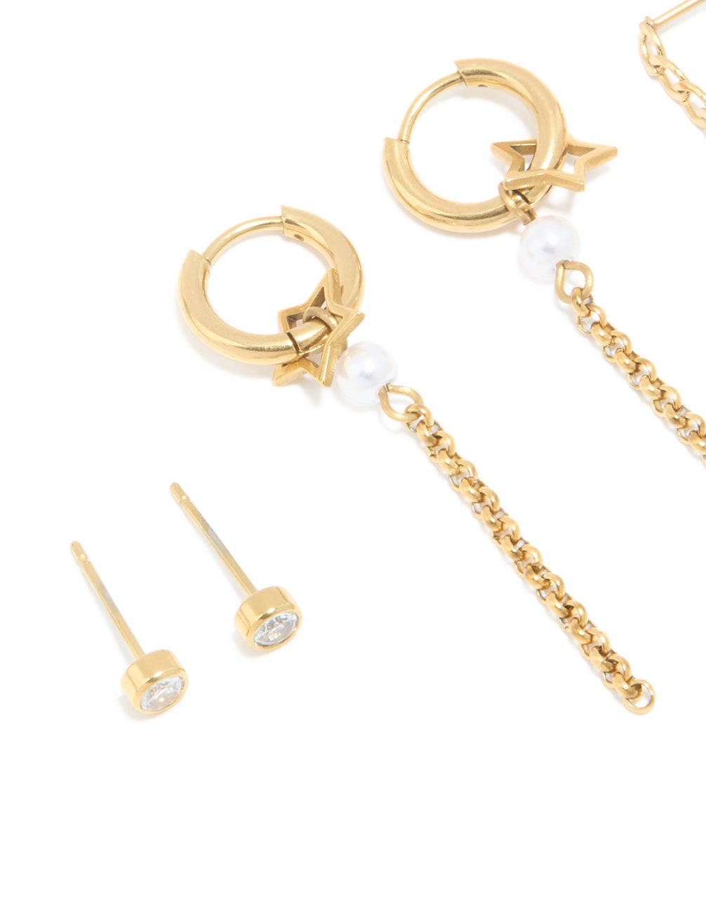 Featuring a waterproof gold plated stainless steel star chain and stud earrings in a 4-pack featuring celestial design with cubic zirconia, pearl accents, and a stud closure close up view