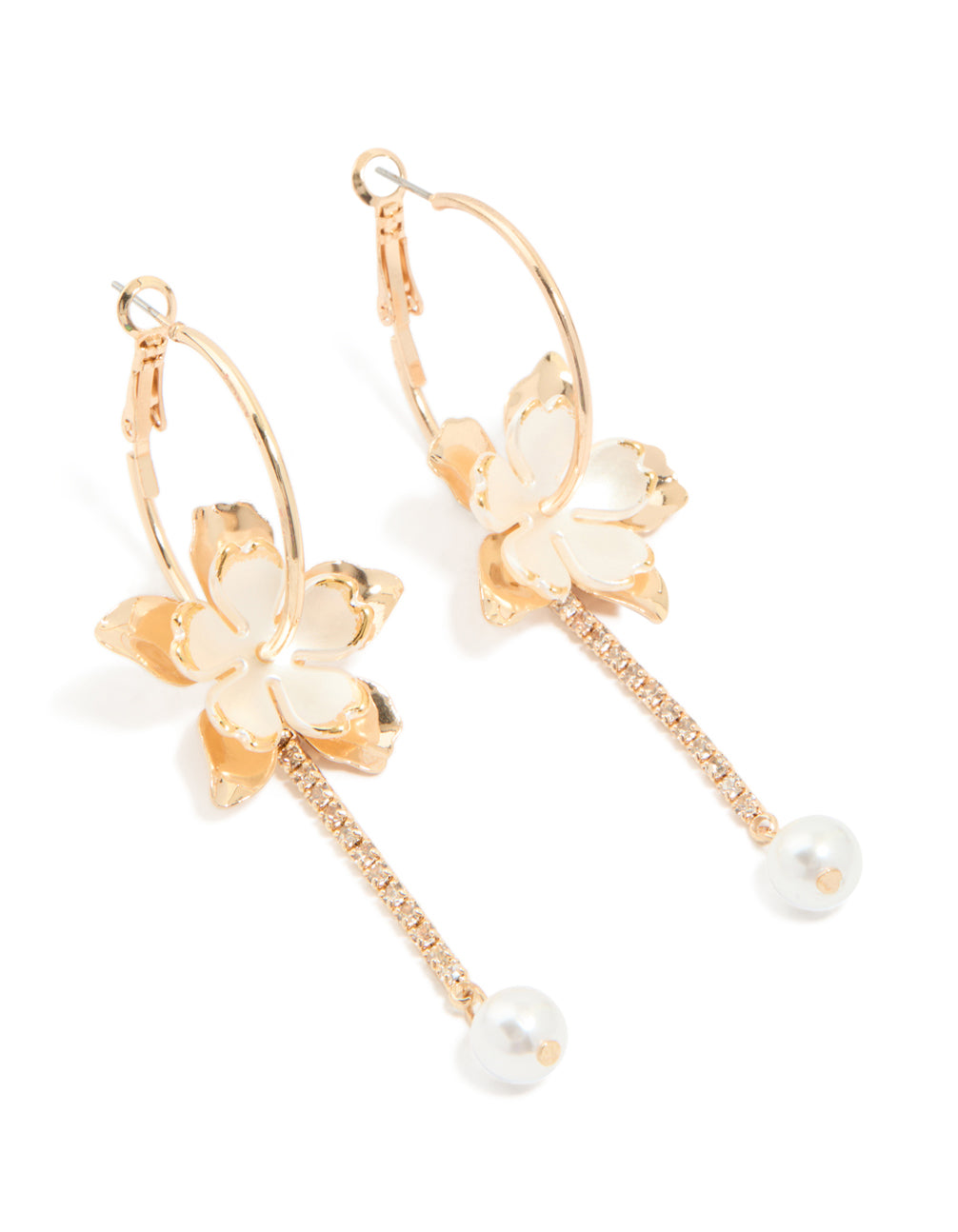Gold Pearl Flower Diamante Cupchain Drop Earrings