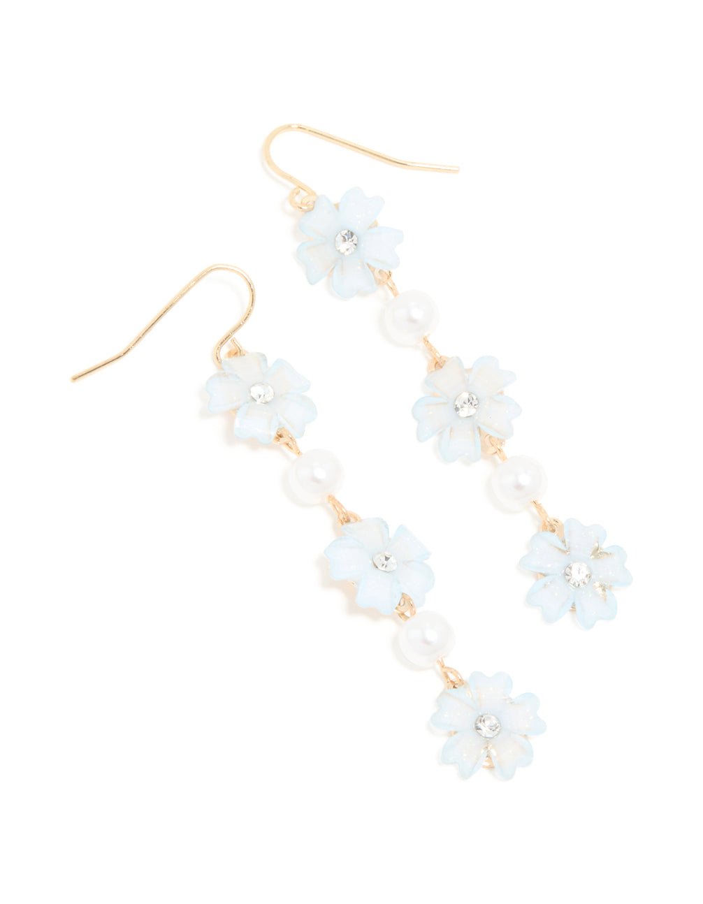 Gold Pearl Centre Blue Flowers Drop Earrings