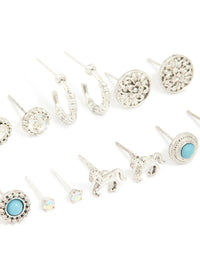 Antique Silver Turquoise Stone & Unicorn Stud Earrings 8-Pack - link has visual effect only