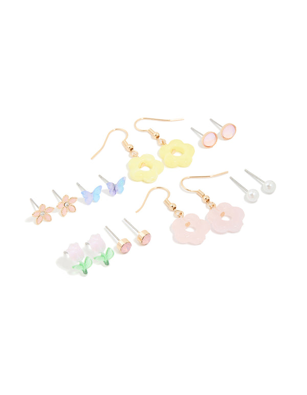 Gold Tulip & Flower Stud Earrings 8-Pack