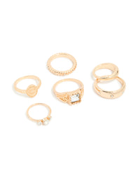 Gold Diamante Signet & Twisted Rings 6-Pack - link has visual effect only