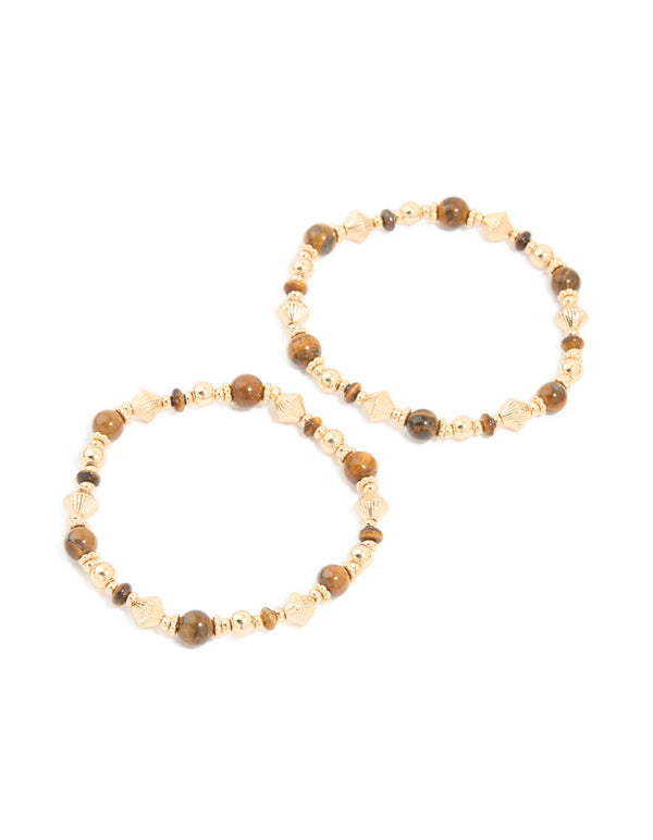 Gold Tigers Eye Semi Precious Stone Beaded Stretch Bracelets 2-Pack