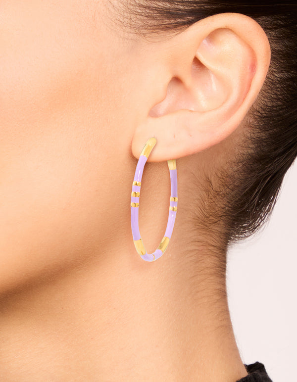 Waterproof Gold Plated Stainless Steel Lilac Enamel Hoop Earrings