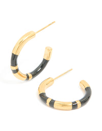 Waterproof Gold Plated Stainless Steel Small Black Enamel Stripe Hoop Earrings - link has visual effect only