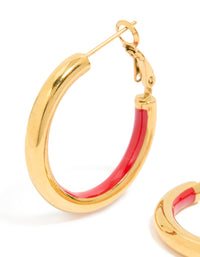 Waterproof Gold Plated Stainless Steel Half Red Enamel Hoop Earrings - link has visual effect only