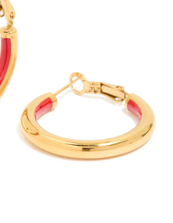 Waterproof Gold Plated Stainless Steel Half Red Enamel Hoop Earrings