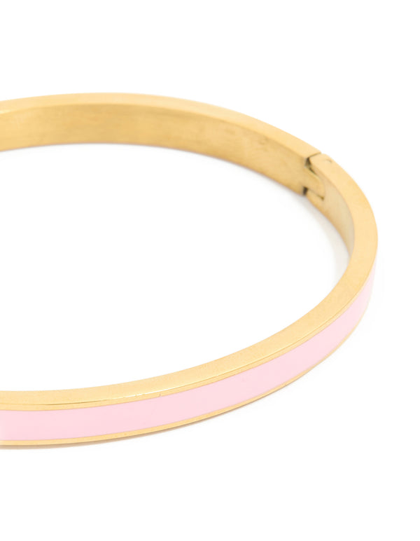 Waterproof Gold Plated Stainless Steel Pink Enamel Thick Hinged Bangle
