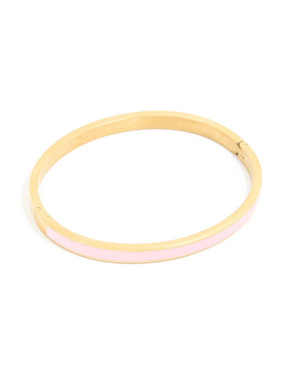 Waterproof Gold Plated Stainless Steel Pink Enamel Thick Hinged Bangle
