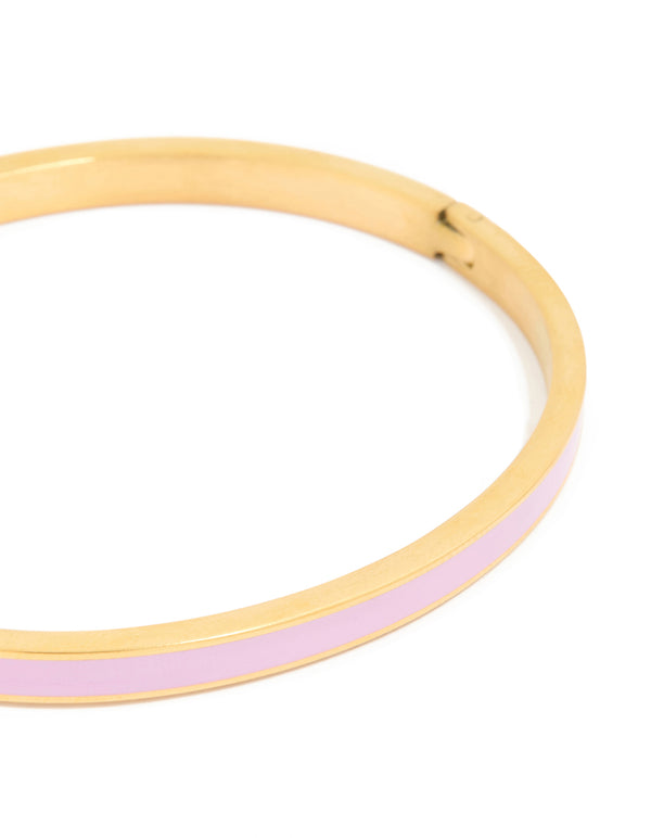 Waterproof Gold Plated Stainless Steel Thin Lilac Enamel Hinged Bangle