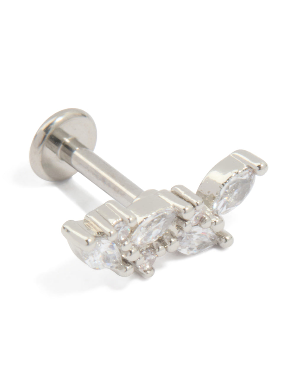 Crafted from titanium, this crawler style vine stud earring motifs with cubic zirconia stones in silver and clear tones with flat back closure front view