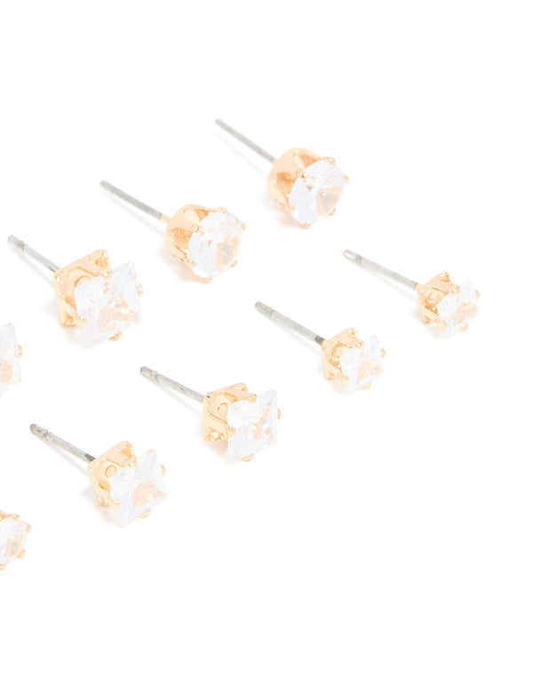 Gold Cubic Zirconia Multi-Sized Stud Earrings 6-Pack