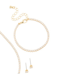 Gold Cubic Zirconia Tennis Necklace, Bracelet & Earrings Set - link has visual effect only