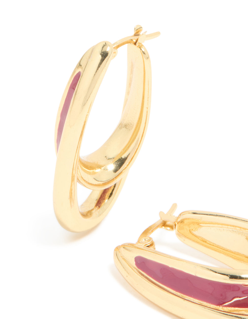 Presenting waterproof hoop earrings made from stainless steel with red enamel and statement design in maroon close up view