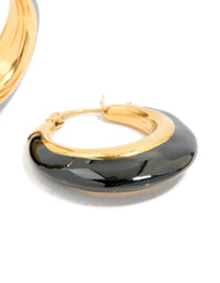 Waterproof Gold Plated Stainless Steel Black Enamel Short Hoop Earrings - link has visual effect only