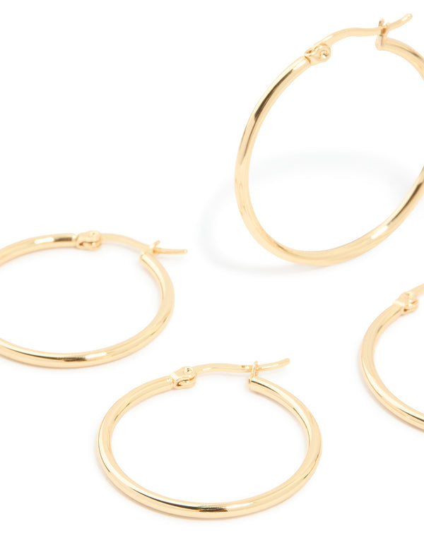 Waterproof Gold Plated Stainless Steel Large Thin Mix Hoop Earrings 3-Pack